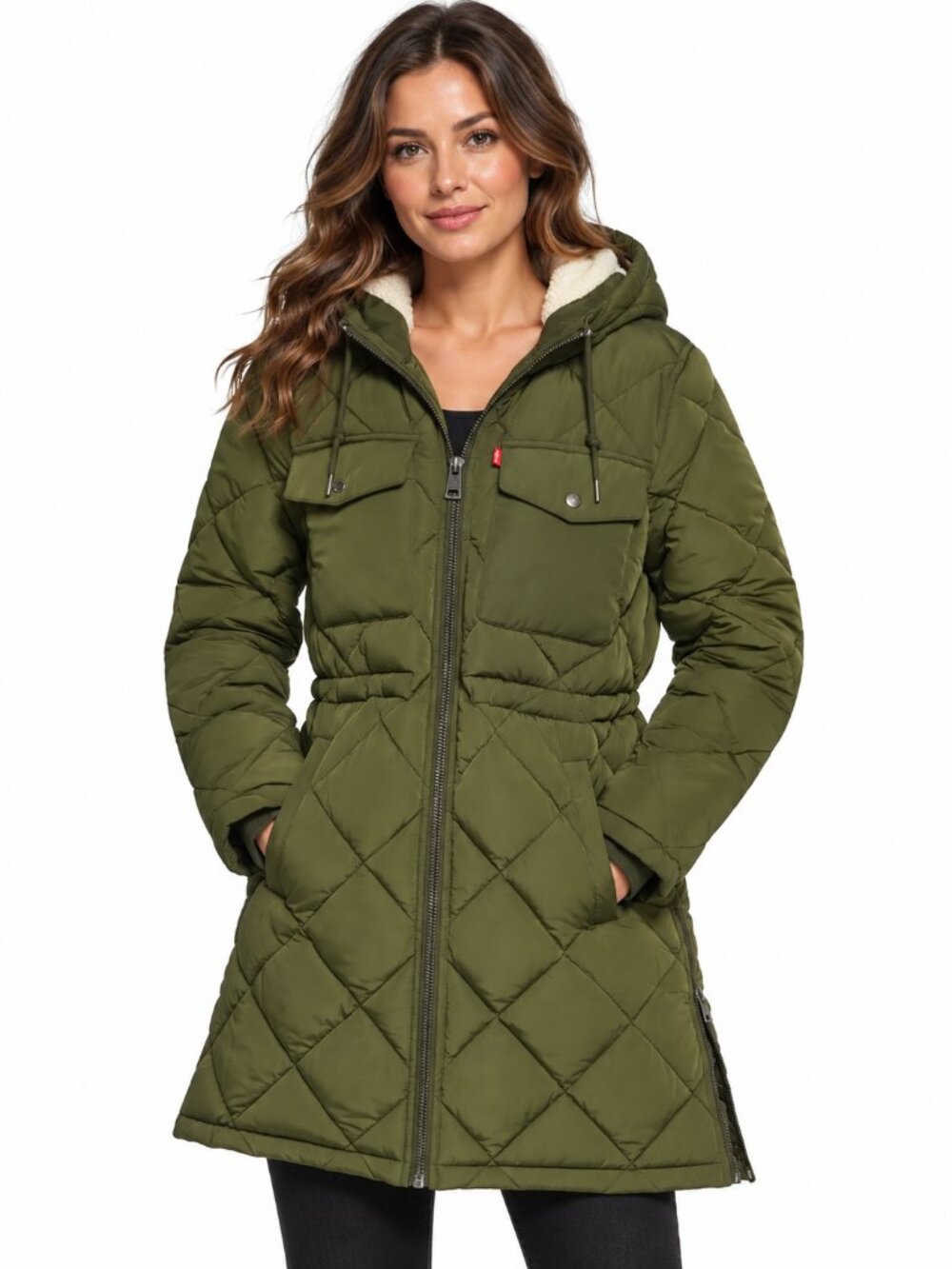Levi's Women's Soft Sherpa Lined Diamond Quilted Long Parka Green Jacket NWT